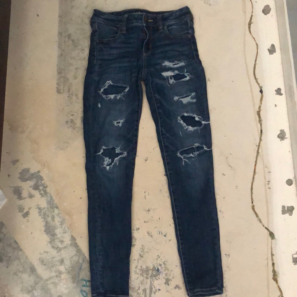 Size 0,  Dark Blue Patch Rip American Eagle Jeans